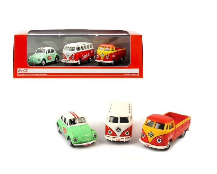 Motor City Classics 1:72 Coca-cola Volkswagen Gift Set Of 3 Samba, Beetle, T1 Pickup- Diecast