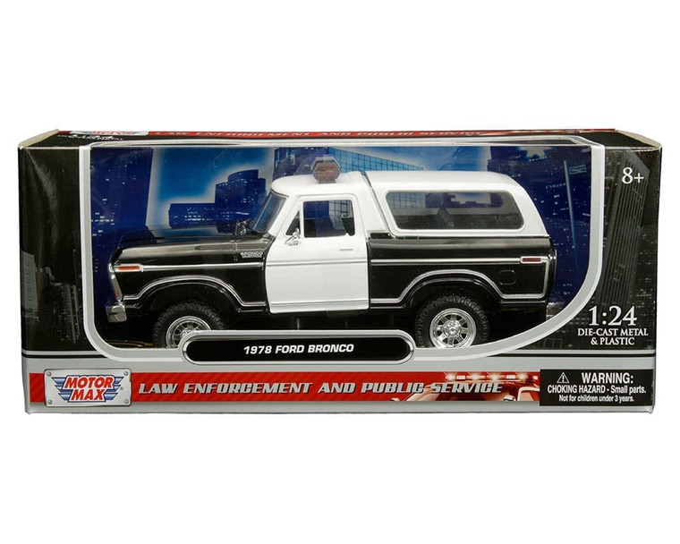 Motormax 1:24 1978 Ford Bronco Custom With Lightbar (black And White Two-tone With White Cover) Law Enforcement And Public Service- Diecast