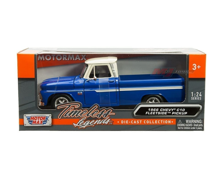 Motormax 1:24 1966 Chevrolet C10 Fleetside Pickup Blue With White Top Timeless Legends- Diecast