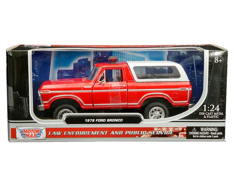 Motormax 1:24 1978 Ford Bronco Custom With Lightbar (red With White Cover) Law Enforcement And Public Service- Diecast