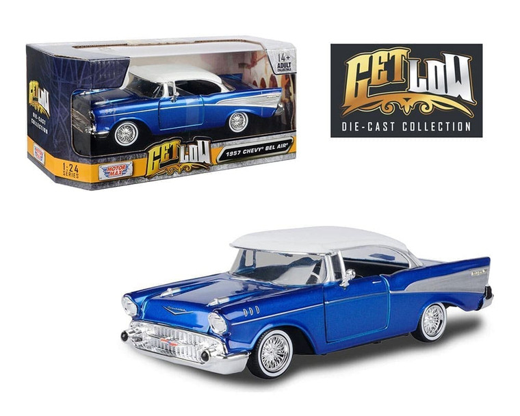 Motormax 1:24 1957 Chevrolet Bel Air Lowrider Blue With White Top Get Low- Diecast