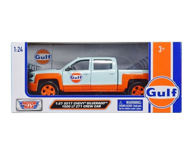 Motormax 1:27 2017 Chevrolet Silverado 1500 Lt Z71 Crew Cab Light Blue With Orange Gulf- Diecast