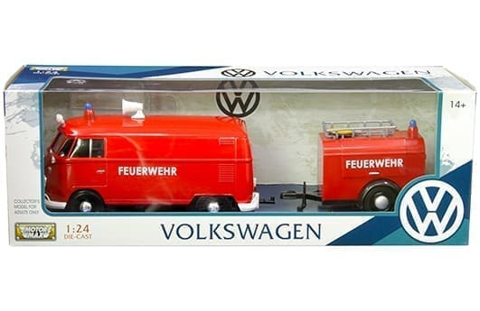 Motormax 1:24 Volkswagen T1 Fire Transport With Trailer Red- Diecast