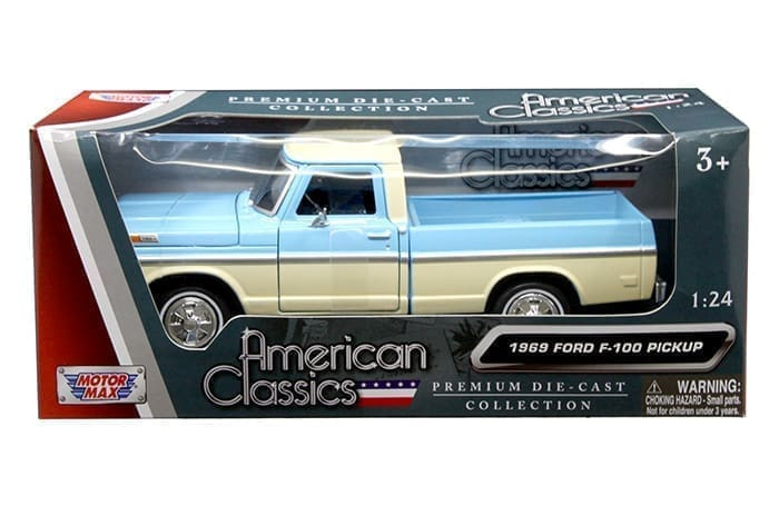 Motormax 1:24 1969 Ford F-100 Pickup Truck 2 Tone Light Blue & White- Timeless Legend- Diecast