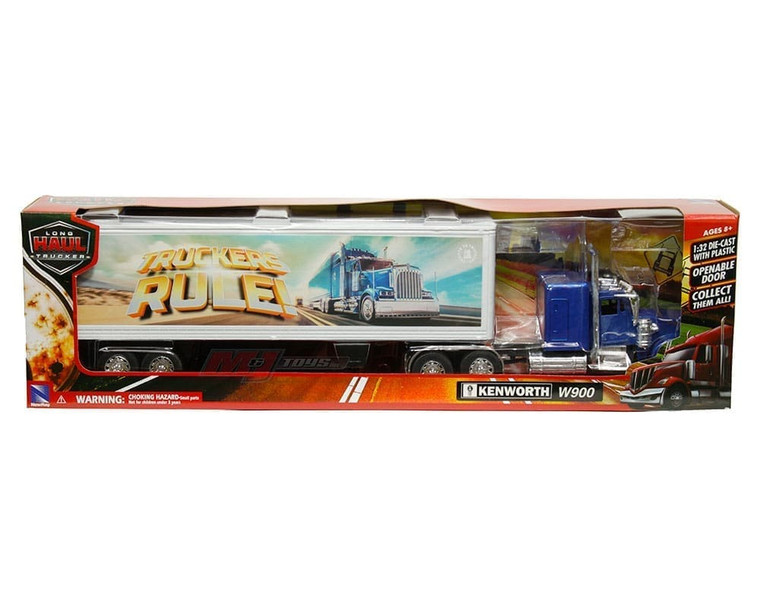 New Ray 1:32 Kenworth W900 Tribute To Truckers truckers Rule! Blue Cab With White Container Long Haul Truckers- Diecast