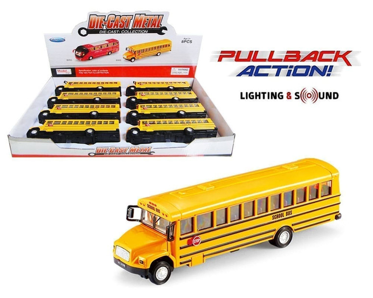 School Bus 7.75 Pull-back Action With Light And Sound Yellow Display Tray Set Of 8- Diecast