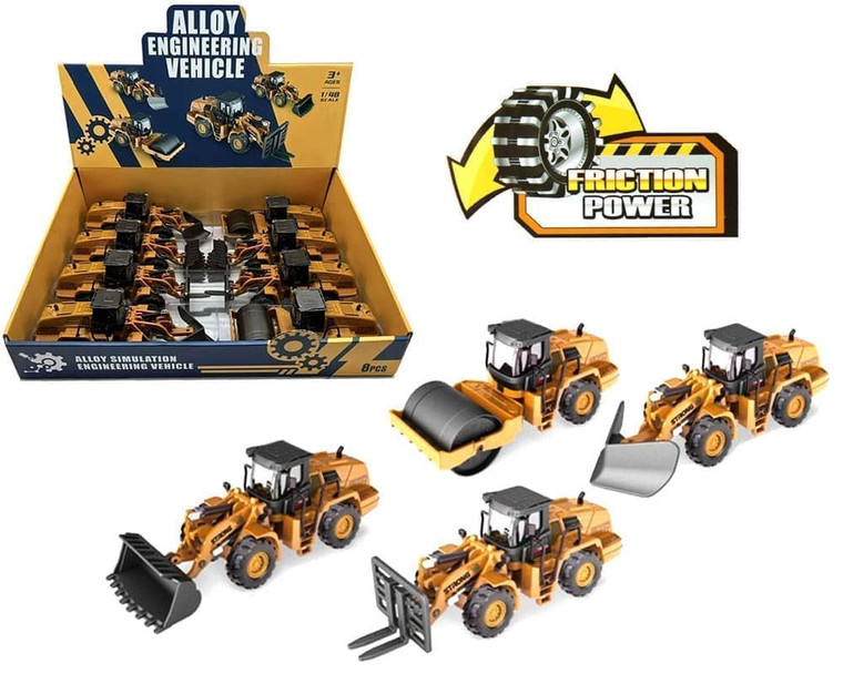 Construction Vehicle Assortment 4 Styles Friction Power 1:48 7-8in Display Tray Set Of 8- Diecast