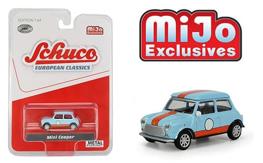 Schuco 1:64 Mijo Exclusives European Classics Mini Cooper (light Blue With Orange Stripes) Limited To 2400 Pieces- Diecast