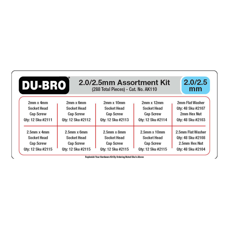 Dubro Products - 2.0 / 2.5mm Hardware Assortment Kit (288 pcs set) - AK110 Dubro Products - 2.0 / 2.5mm Hardware Assortment Kit (288 pcs set) - AK110
