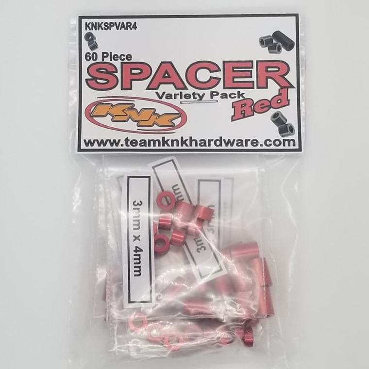 Team KNK - 60 Piece 3mm Aluminum Spacer Variety Pack - Red - SPVAR4