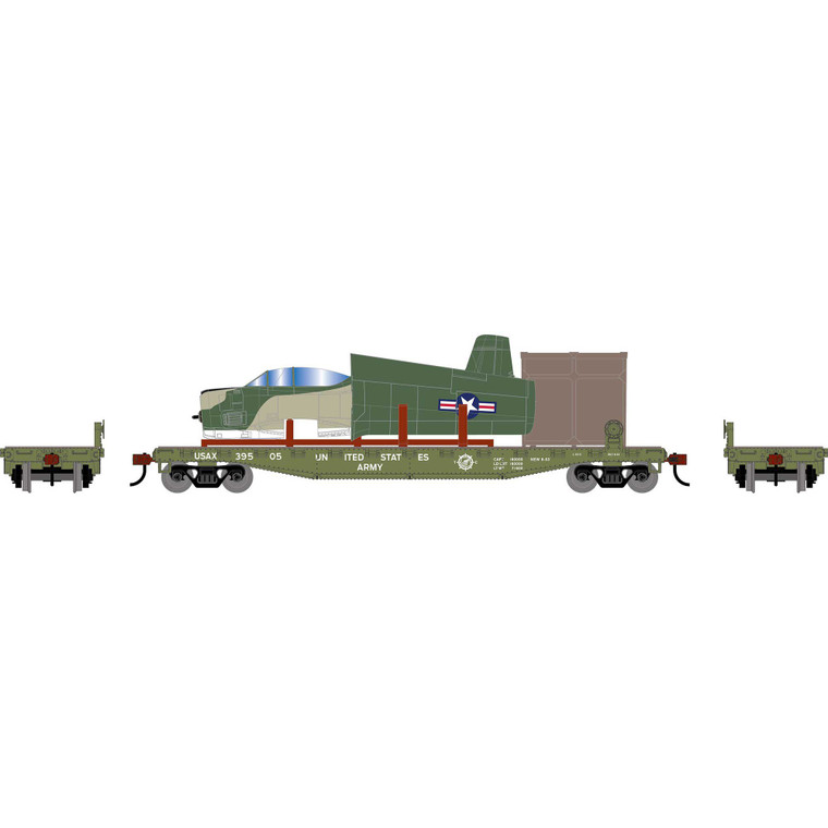Athearn - HO ATH 50' Flat Car w/T-28B Trojan Airplane, Flat Car- USAX #39505; Airplane- Camouflage N51705 - -2795