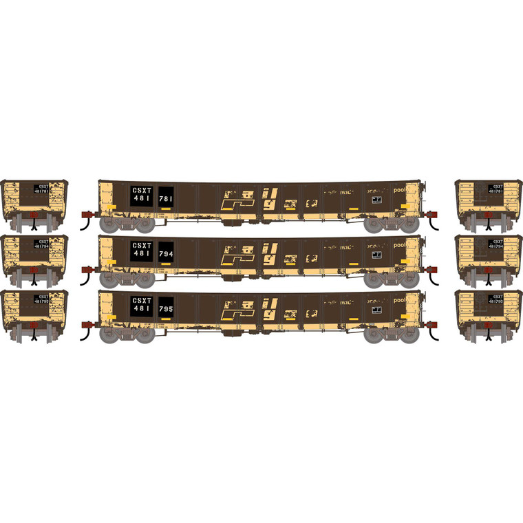 Athearn - HO ATH 52' Mill Gondola,Primed For Grime CarKnocker CSXT 'Patched' Reflect #481781/481794/481795 (3) - -2742