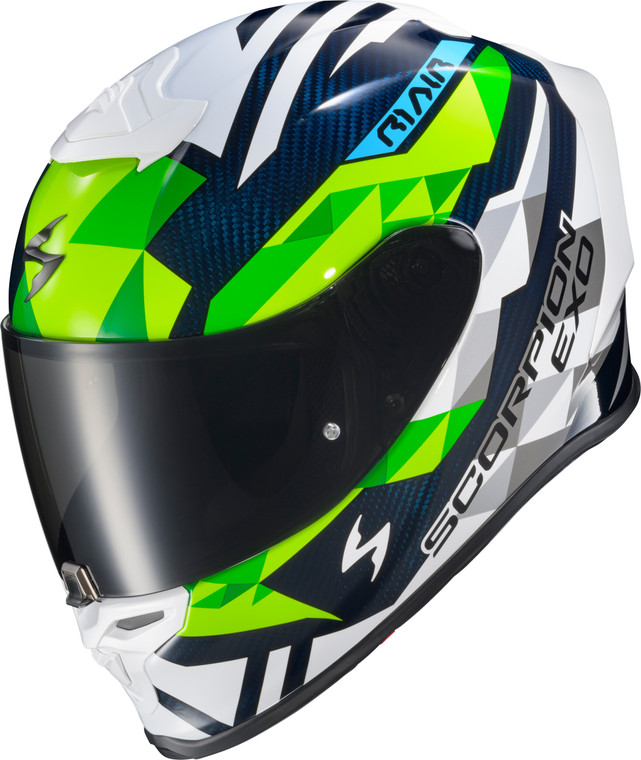 Scorpion Exo - Exo-r1 Air Full Face Helmet Carbon Rastor Wht/grn/blue Md - R1C-2104