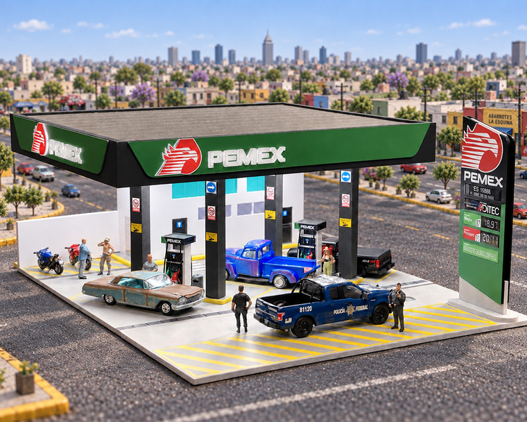 American Diorama 1:64 Pemex Gas Station Illuminated Led Diorama (11.2"l X 11.8"w X 4.85"h) - Diecast