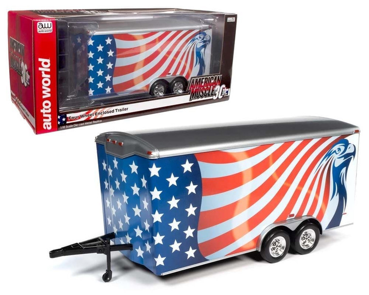 Auto World 1:18 Four Wheel Enclosed Trailer Stars & Stripes Design - Diecast