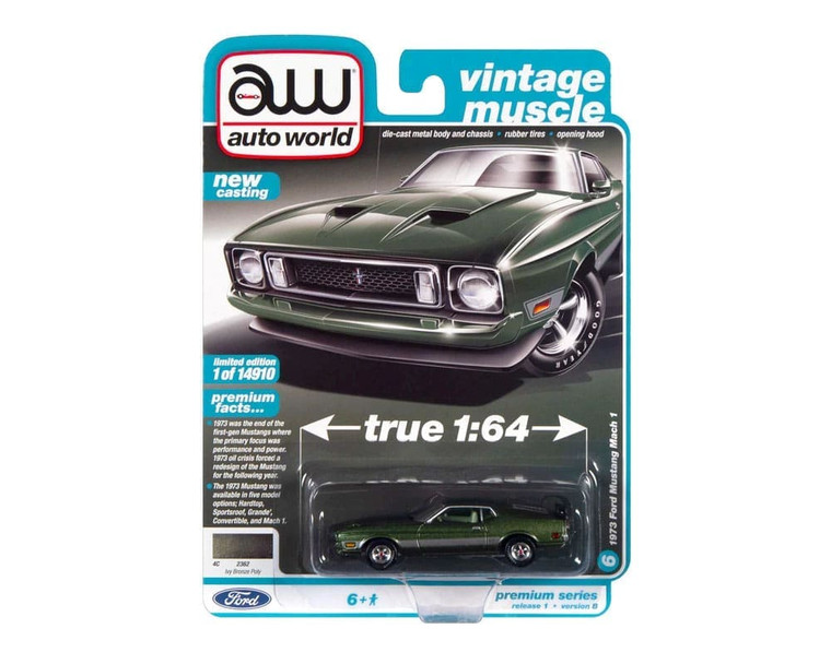 Auto World 1:64 1973 Ford Mustang Mach 1 (ivy Bronze Poly With Silver Side Stripes) - Premium 2022 Release 1 Version B - Vintage Muscle - Solid Pack - Diecast