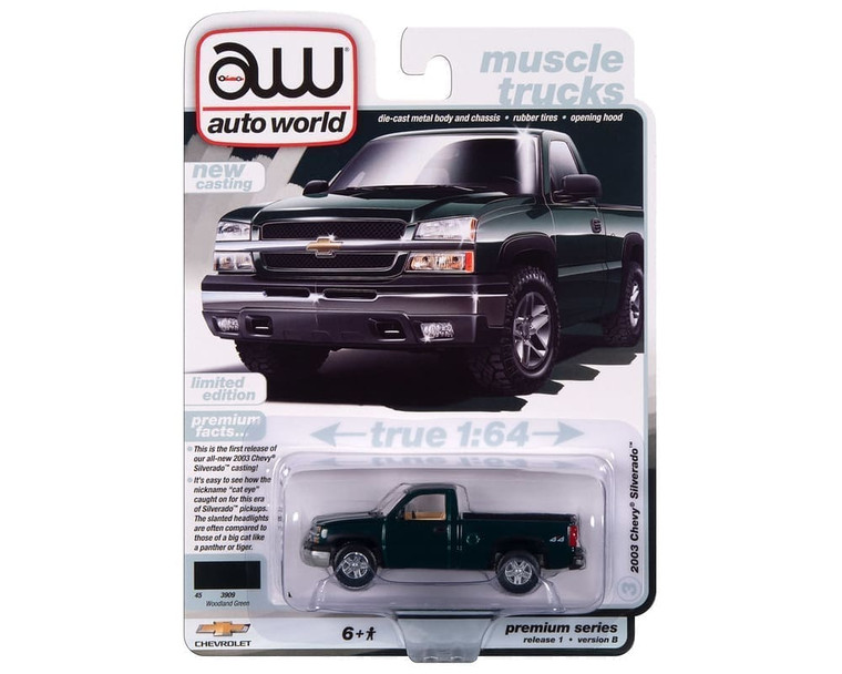 Auto World 1:64 2003 Chevrolet Silverado Single Cab Truck - Green - Premium 2024 Release 1 Version Limited Edition - Diecast