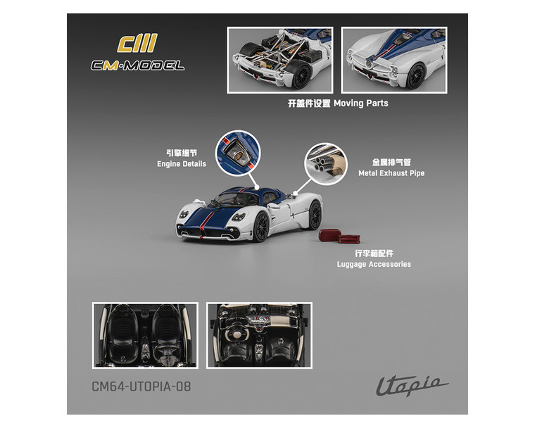 Cm Model 1:64 Pagani Utopia - Bianco Benny With Blue Francia Carbon & Rosso Monza Stripes - Limited Edition - Diecast