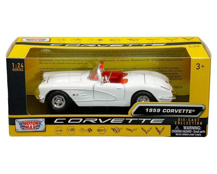 Motormax 1:24 1959 Chevrolet Corvette C1 (white With Red Interior) - History Of Corvette - Diecast
