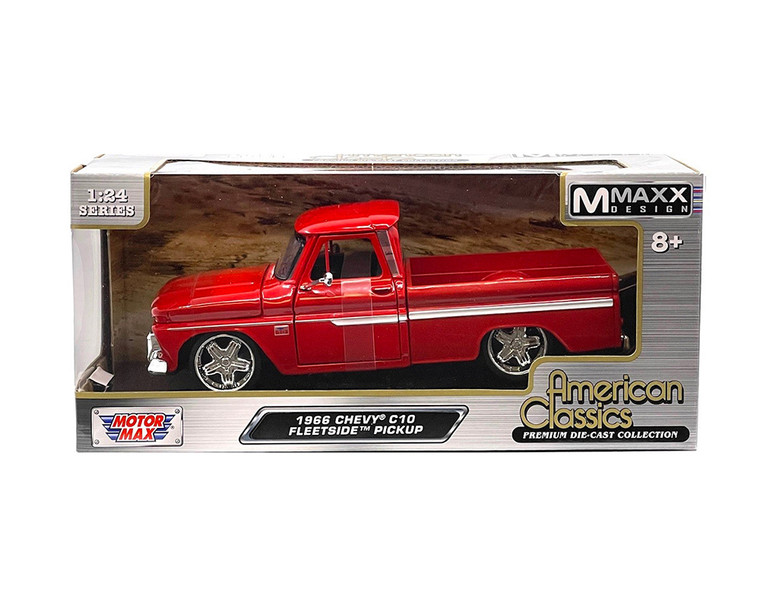 Motormax 1:24 1966 Chevrolet C10 Fleetside Pickup Truck Custom Wheels - Red - Timeless Legends - Diecast