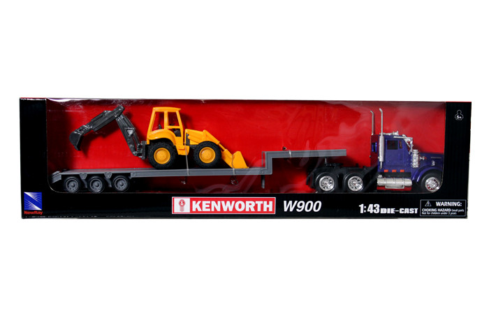 New Ray 1:43 Kenworth W900 Lowboy With Blackhole Loader- Blue - Long Haul Trucker - Diecast