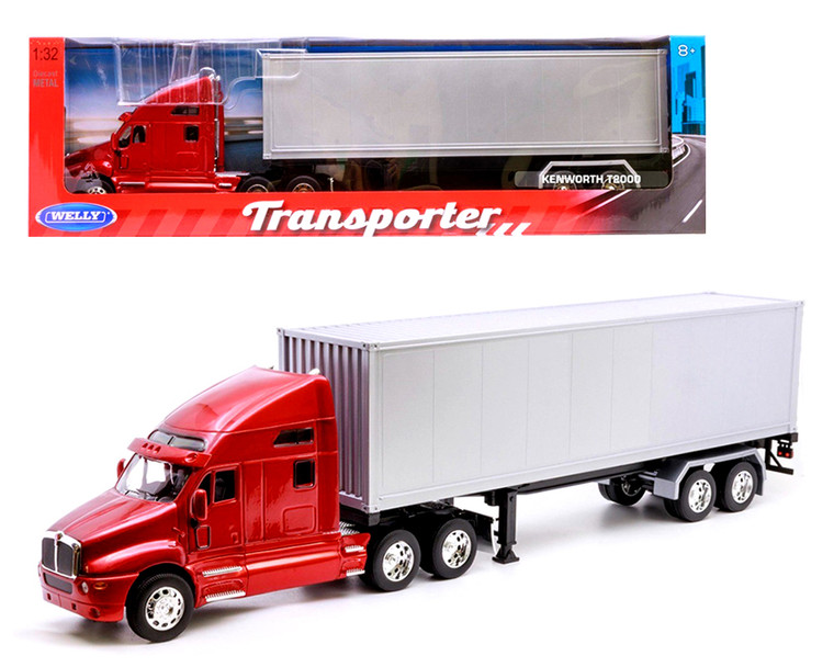 Welly 1:32 Kenworth T2000 Semi Truck M. Red W/ Silver Box Trailer - Transporter - Diecast