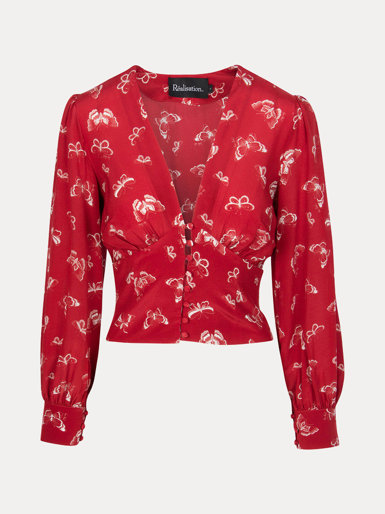 The Kaia In Red Butterfly Red Silk Cropped Shirt Realisation Par The Kaia In Red Butterfly Red Silk Cropped Shirt Realisation Par