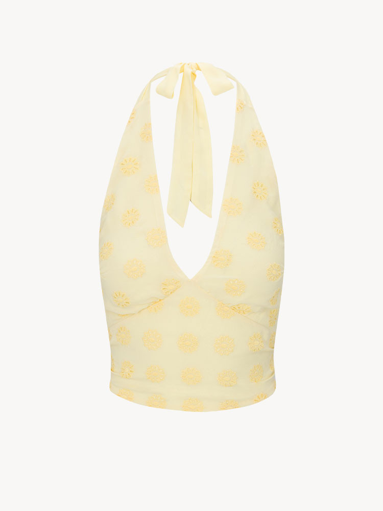 Bijou Honey Broderie | Yellow embroidered silk halter top