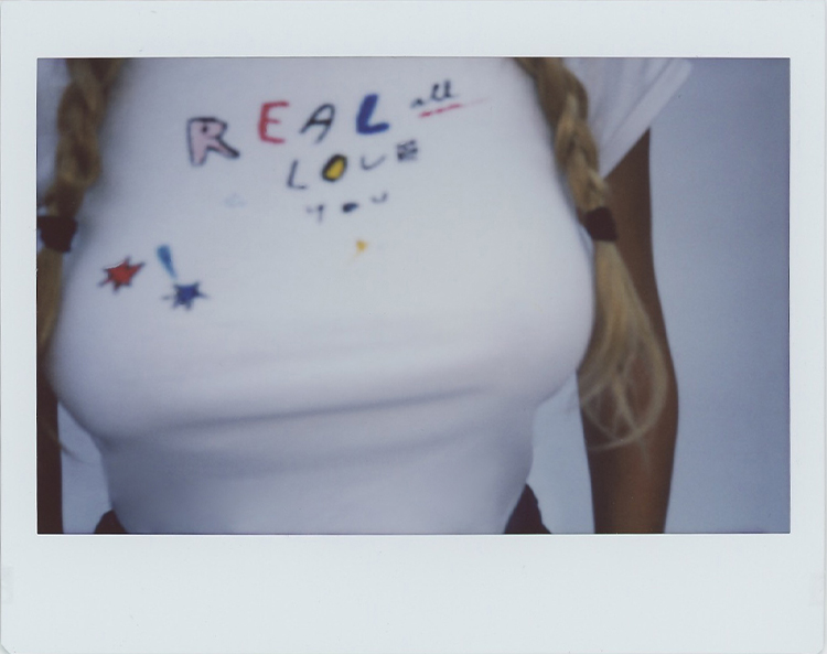 Realisation Logo Tee, White Baby Tee with Red Logo