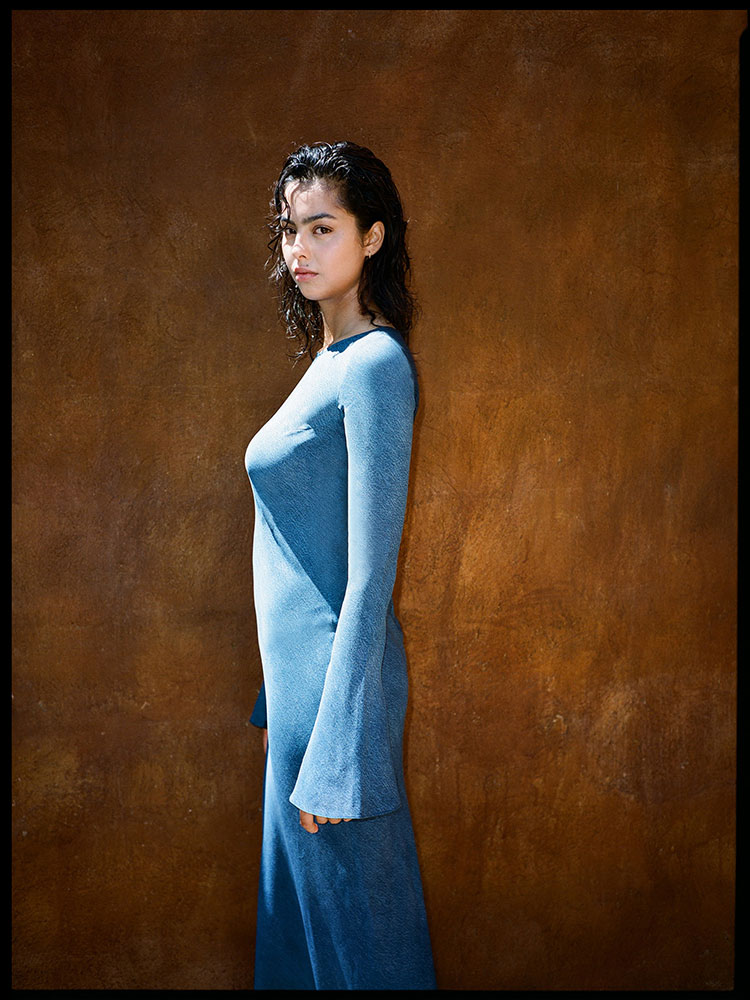 The Gia in Denim, Long Sleeve Indigo Silk Maxi Dress