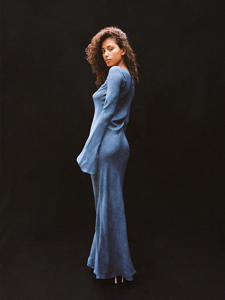 The Gia in Denim, Long Sleeve Indigo Silk Maxi Dress