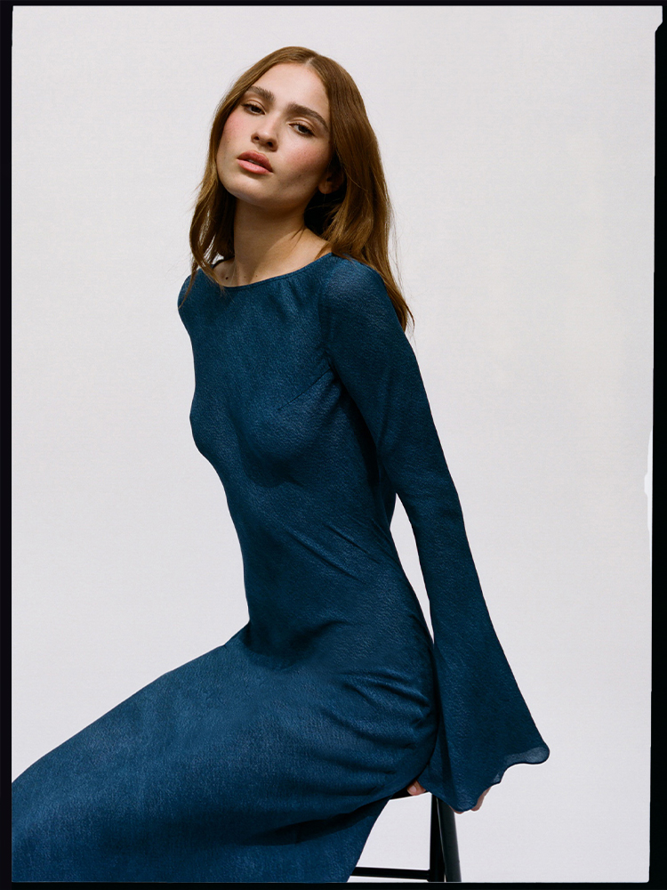 The Gia in Denim, Long Sleeve Indigo Silk Maxi Dress