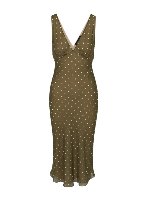 Margot Olive Spot Noir | Green Polka Dot Silk Midi Dress | Réalisation