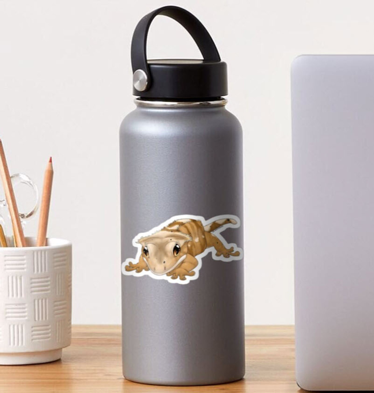 Crested gecko sticker on a water bottle