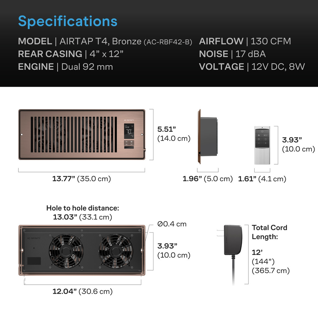 Bluetooth Register Booster Fan for 4” x 12” Register Holes, Improves Heating & Cooling from AC Vents, with 10-Speed Control and Bluetooth Integrated App Control
