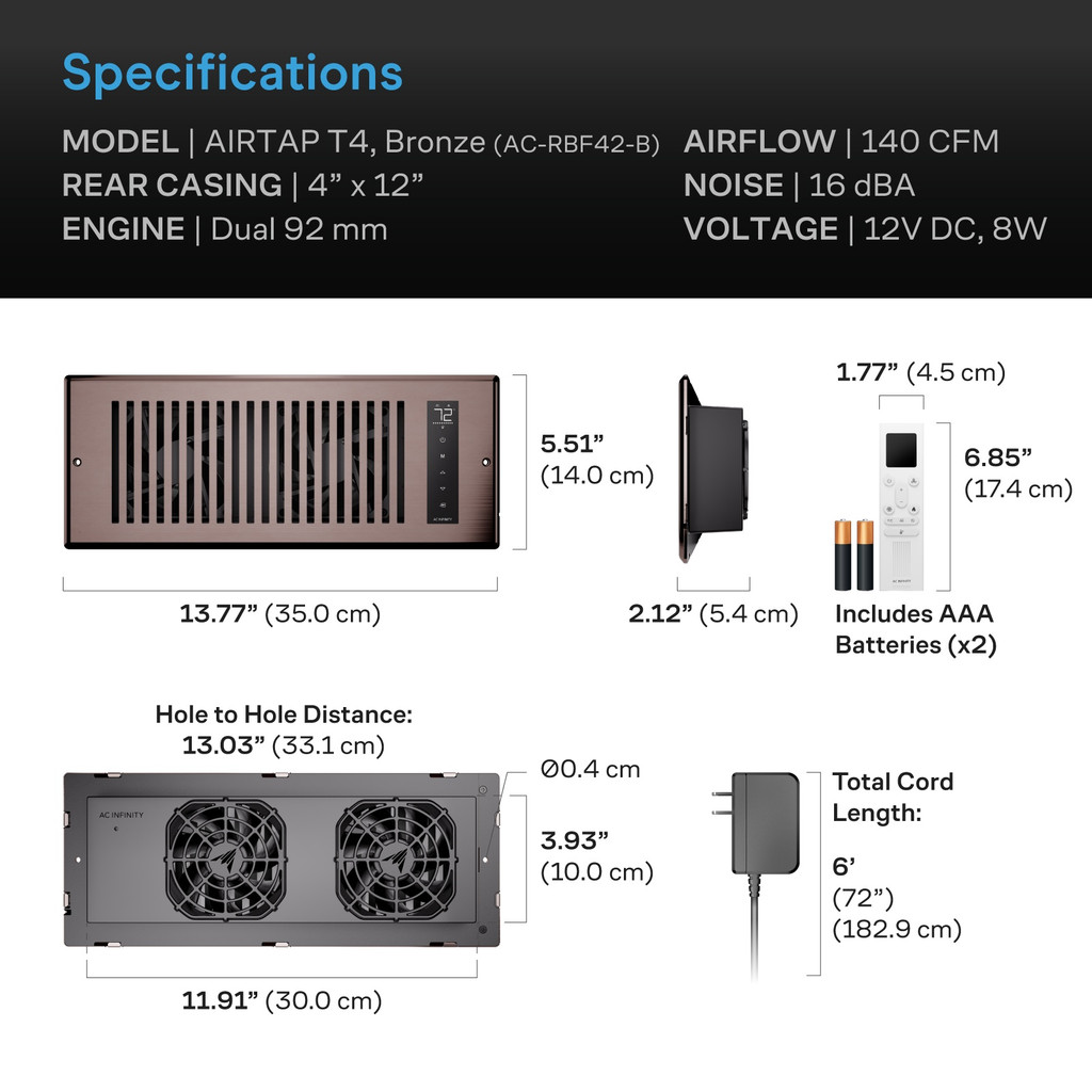 Bluetooth Register Booster Fan for 4” x 12” Register Holes, Improves Heating & Cooling from AC Vents, with 10-Speed Control and Bluetooth Integrated App Control