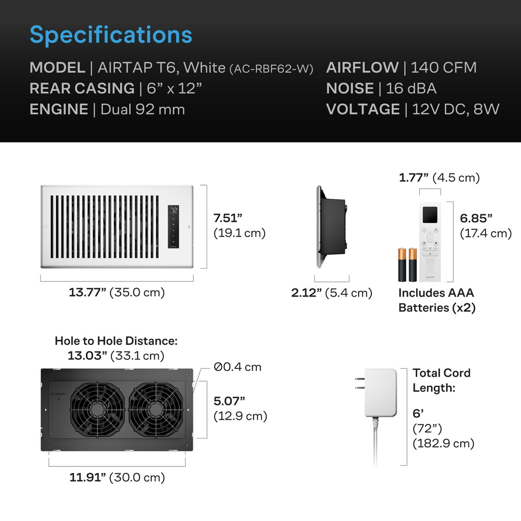 AIRTAP T6, Smart Register Booster Fan 6" x 12" White