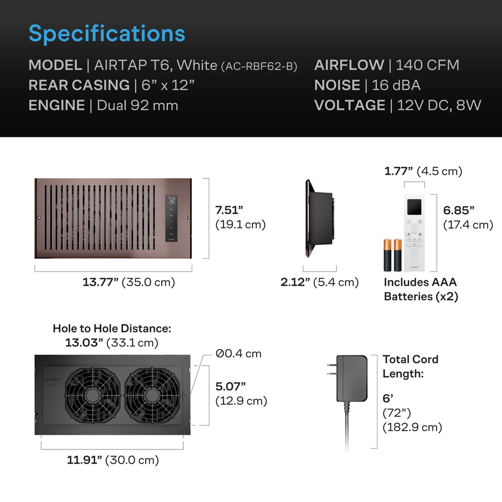 AIRTAP T6, Smart Register Booster Fan 6" x 12" Bronze
