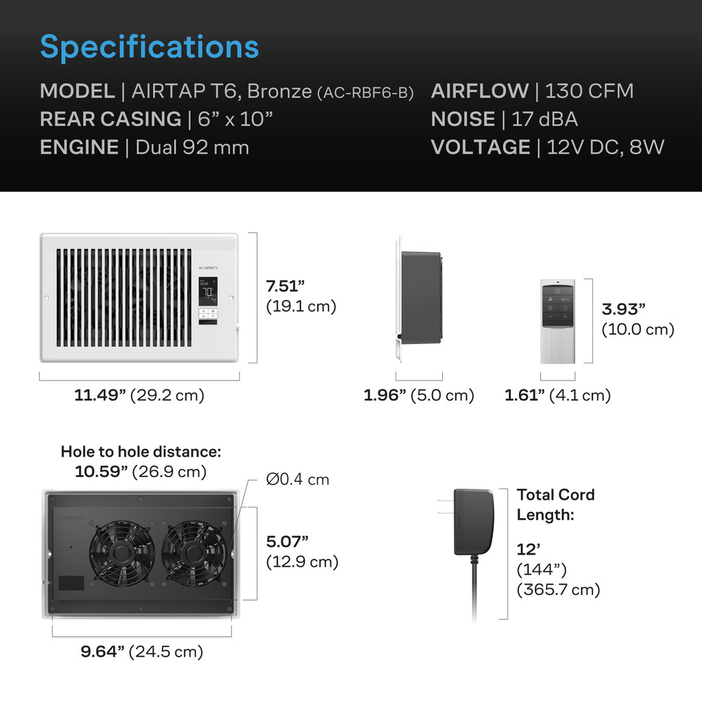 AIRTAP T6 White, Register Booster Fan for 6” x 10” Register Holes, Improves Heating & Cooling from AC Vents, with 10-Level Speeds and Bluetooth Integrated App Control
