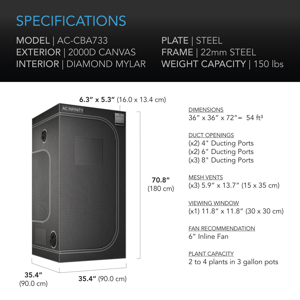 Grow Tent for Indoor Plant Growing, 2000D Oxford Canvas, 36" x 36" x 72"