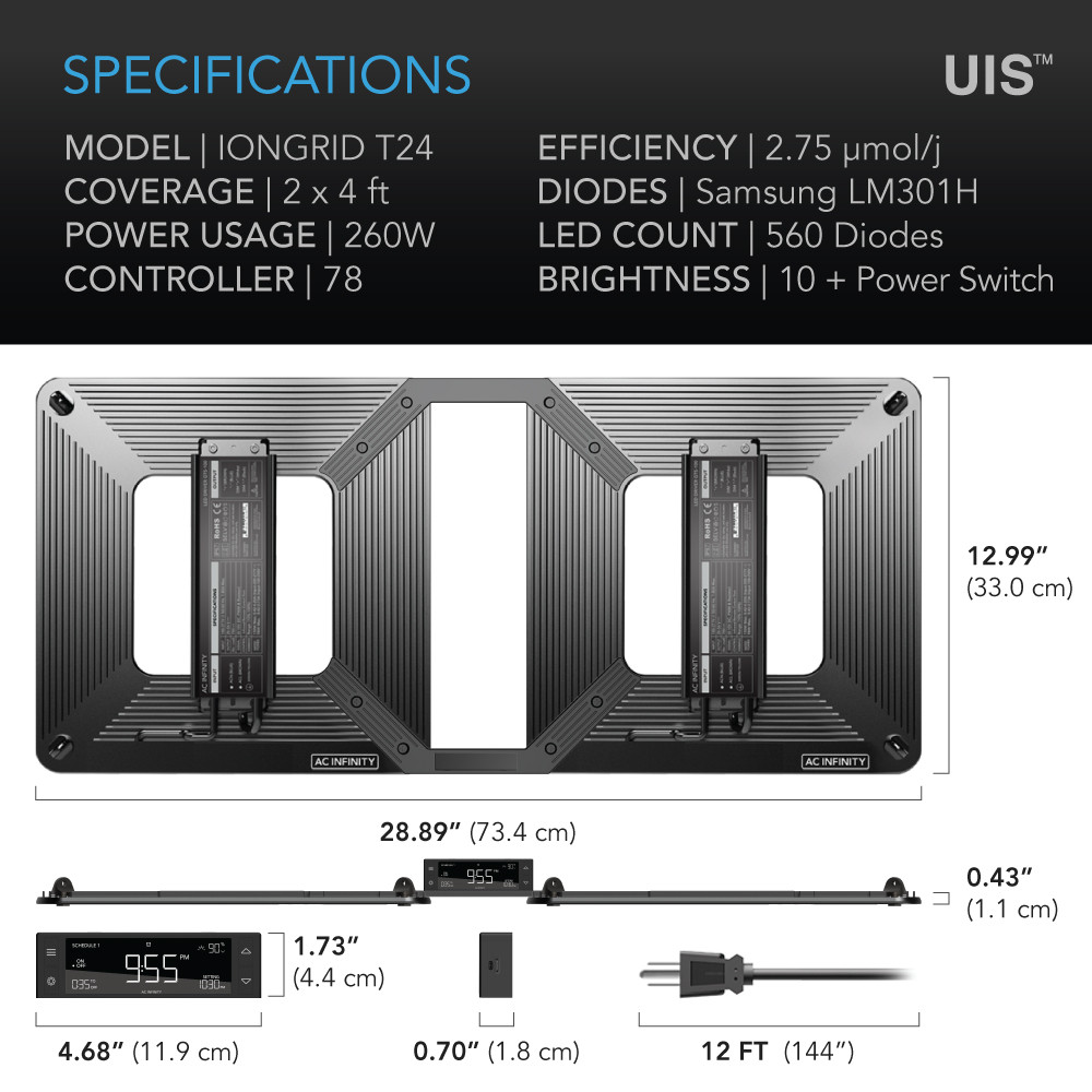 IONGRID T24, Grow Light 260W, Full Spectrum LED 2x4 Coverage - AC