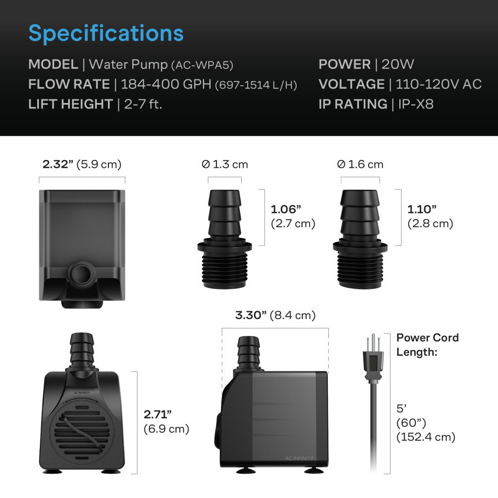 400 GPH Submersible Water Pump (1514 L/H, 20W), Ultra Quiet Fountain Pump with 5 ft. High Lift, 5 ft. Power Cord, for Fish Tanks, Aquariums, Fountains, Statuaries, Ponds, Pools, Hydroponics