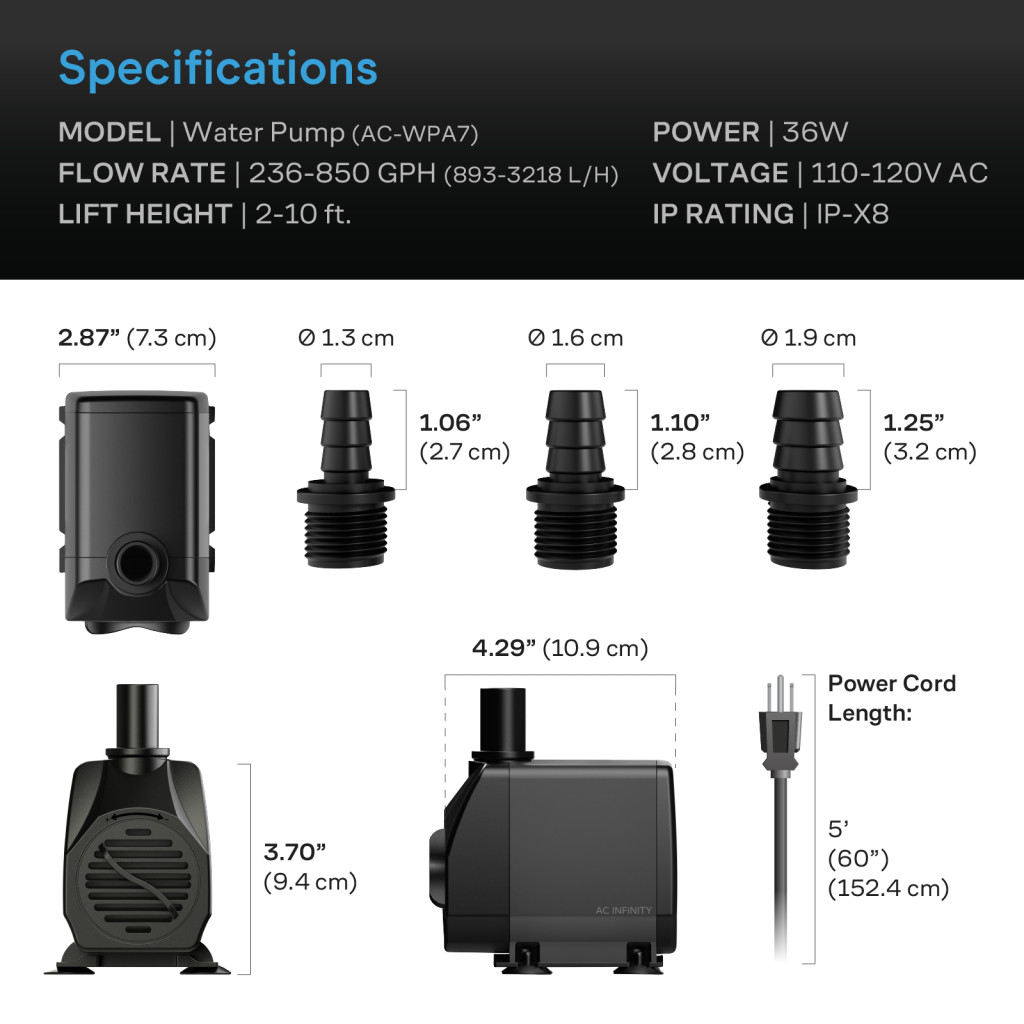 850 GPH Submersible Water Pump (3218 L/H, 36W), Ultra Quiet Fountain Pump with 10 ft. High Lift, 5 ft. Power Cord, for Fish Tanks, Aquariums, Fountains, Statuaries, Ponds, Pools, Hydroponics