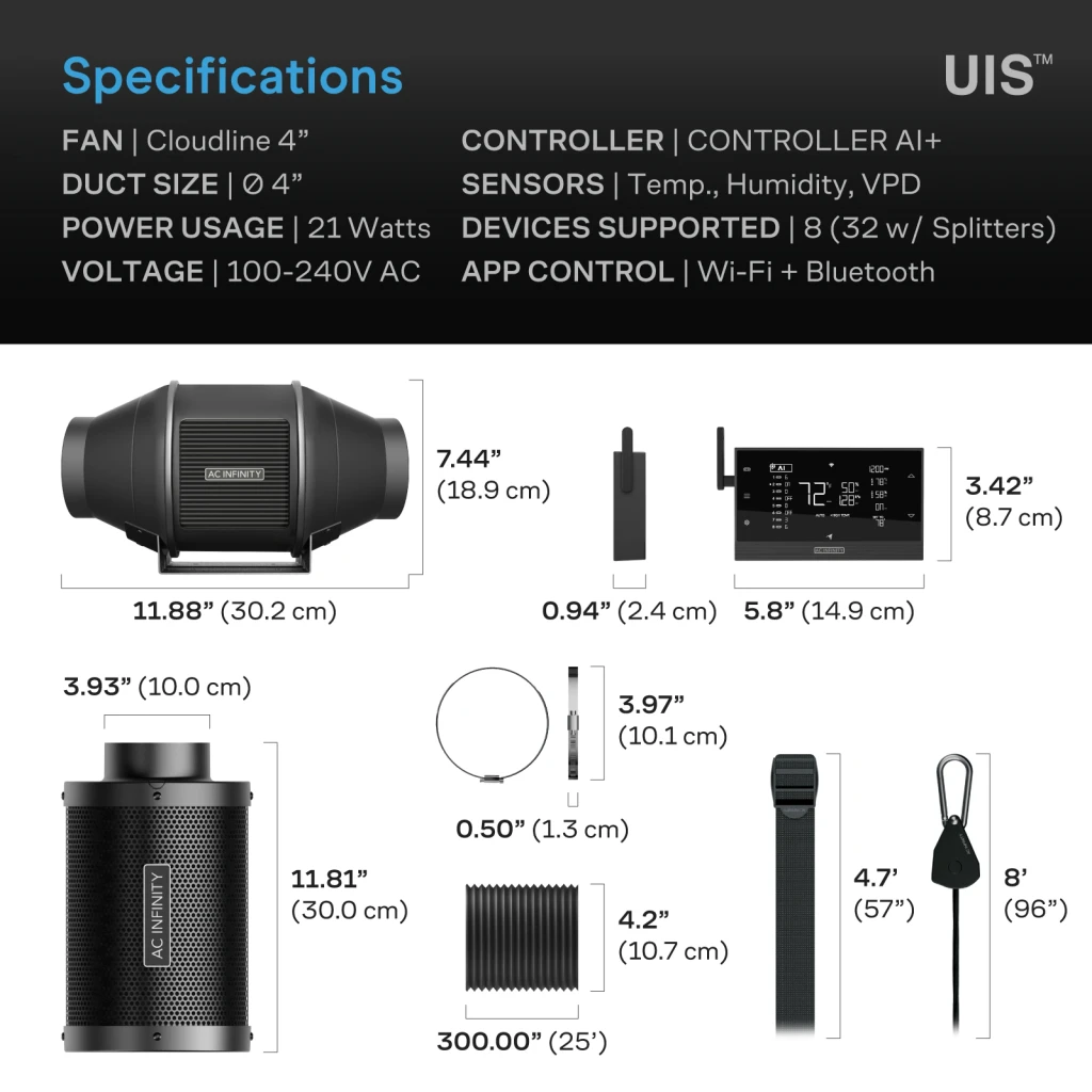 Air Filtration Kit 4" with AI Environment Controller, Upgraded Inline Fan, Carbon Filter