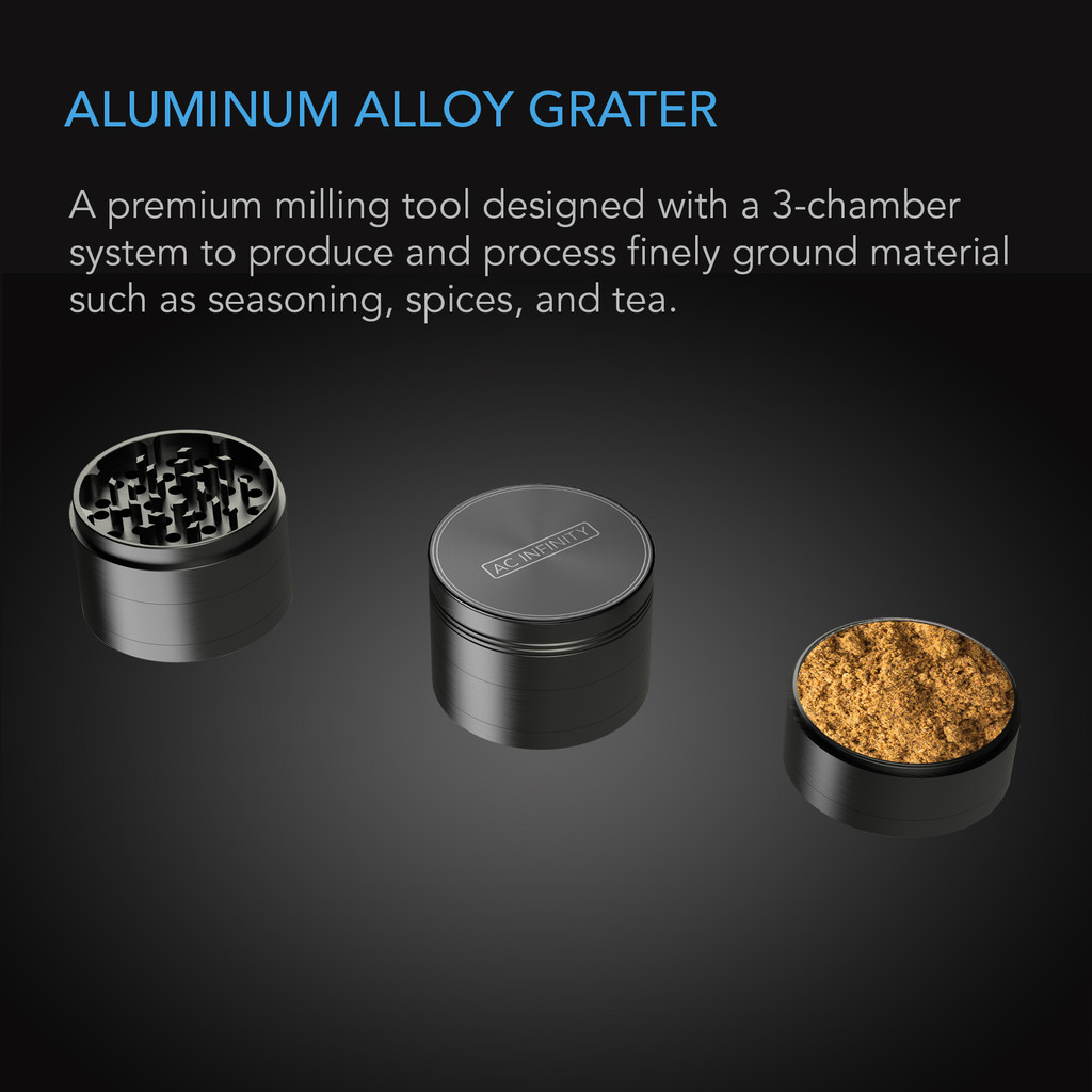 3-Chamber Spice Grinder, 2” Gunmetal Aluminum Alloy Manual Grater Mill with Scraper, for Pepper, Spices, and Tea