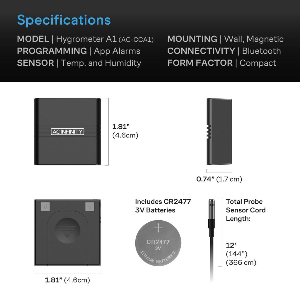 Mini Temperature Humidity Smart Hygrometer Bluetooth App Monitor, Climate Gauge Thermometer Sensor Probe for Basements, Guitar Rooms, Grow Tents & Greenhouses