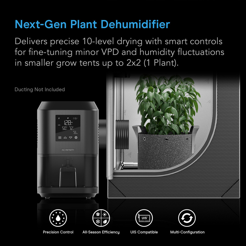 Plant Dehumidifier with VPD Humidity Controls, 10-Level Precision Environmental Stabilizer, High-Precision PWM Motor, Intake Fan Mode, Dual Duct