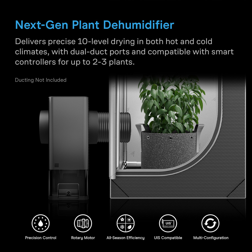 Plant Dehumidifier with VPD Humidity Controls, 10-Level Precision Environmental Stabilizer, High-Precision PWM Motor, Intake Fan Mode, Dual Duct