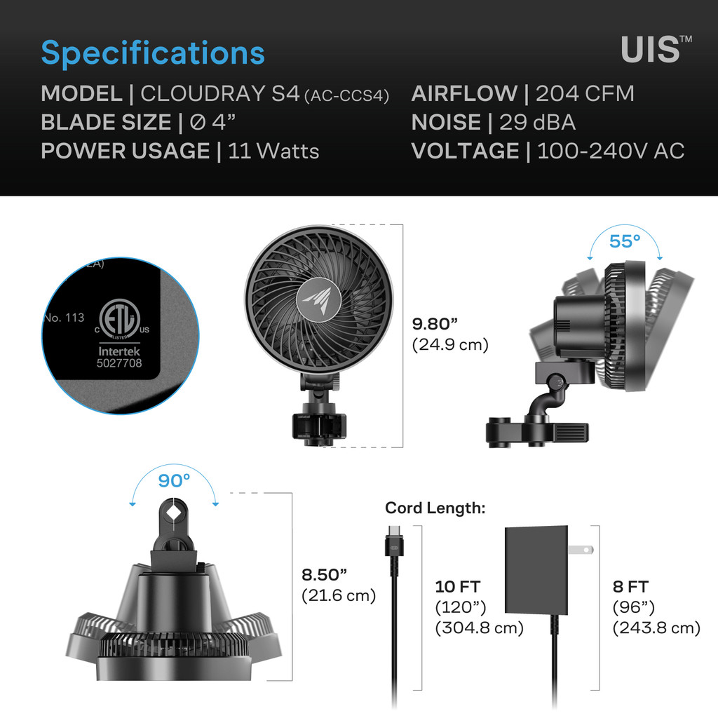 Grow Tent Clip Fan with Redesigned Long-Life EC Motor, Custom 10 Dynamic Wind Speeds, Weatherproof IP-54, Quiet Operation for Hydroponics Circulation Cooling