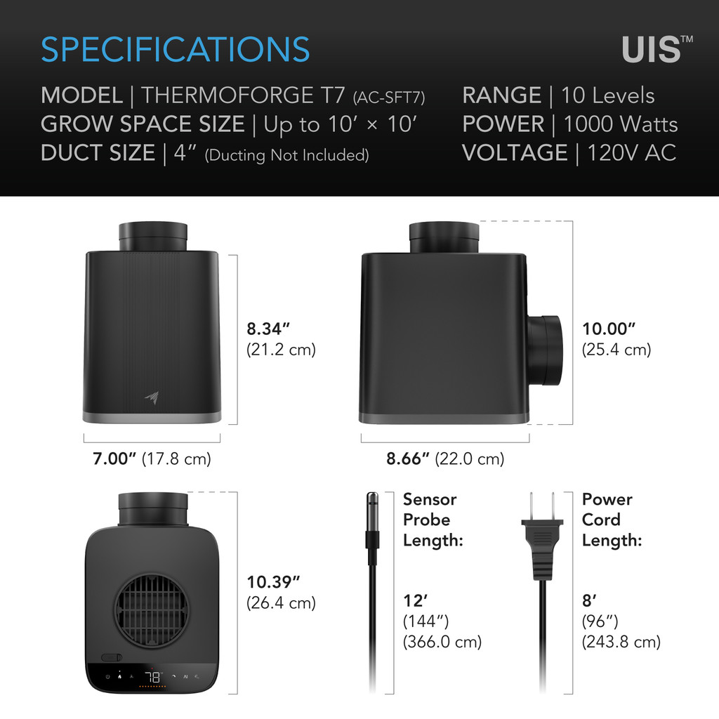 Environmental VPD Heater with AI Driven Programming, 10-Level PWM PTC Heating or Fresh Air, Included Precision Sensor Probe, Dual Ducting for Grow Tents, Rooms, Greenhouses